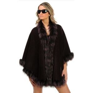 Luna Furs Genuine Silver Fox Fur Lace Trim Alpaca Cape One Size